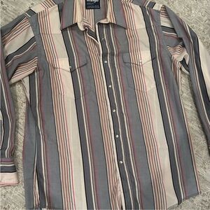 Vintage Wrangler Cowboy Cut Western Shirt Pearl Snap Neutral Stripe USA Workwear